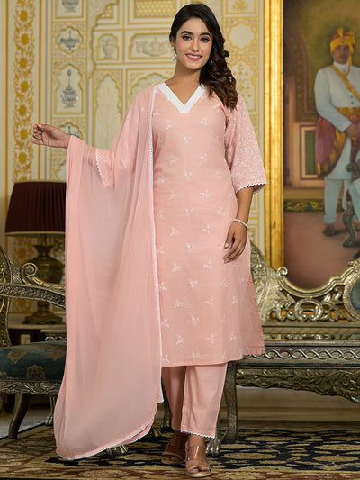 Indyancart VA Women'sFloral Embroidered Chikankari Straight Kurta With Trousers & Dupatta