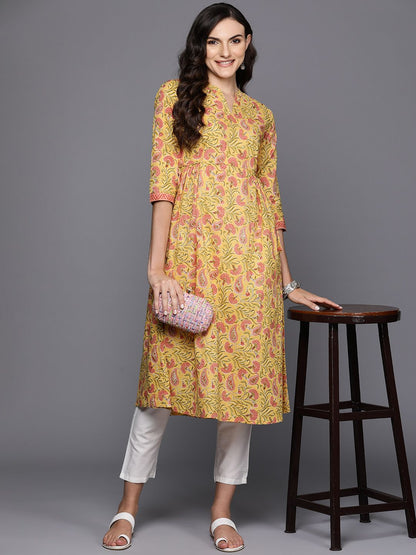 Indyancart IE Floral Printed Pure Cotton Empire Style A-Line Kurta