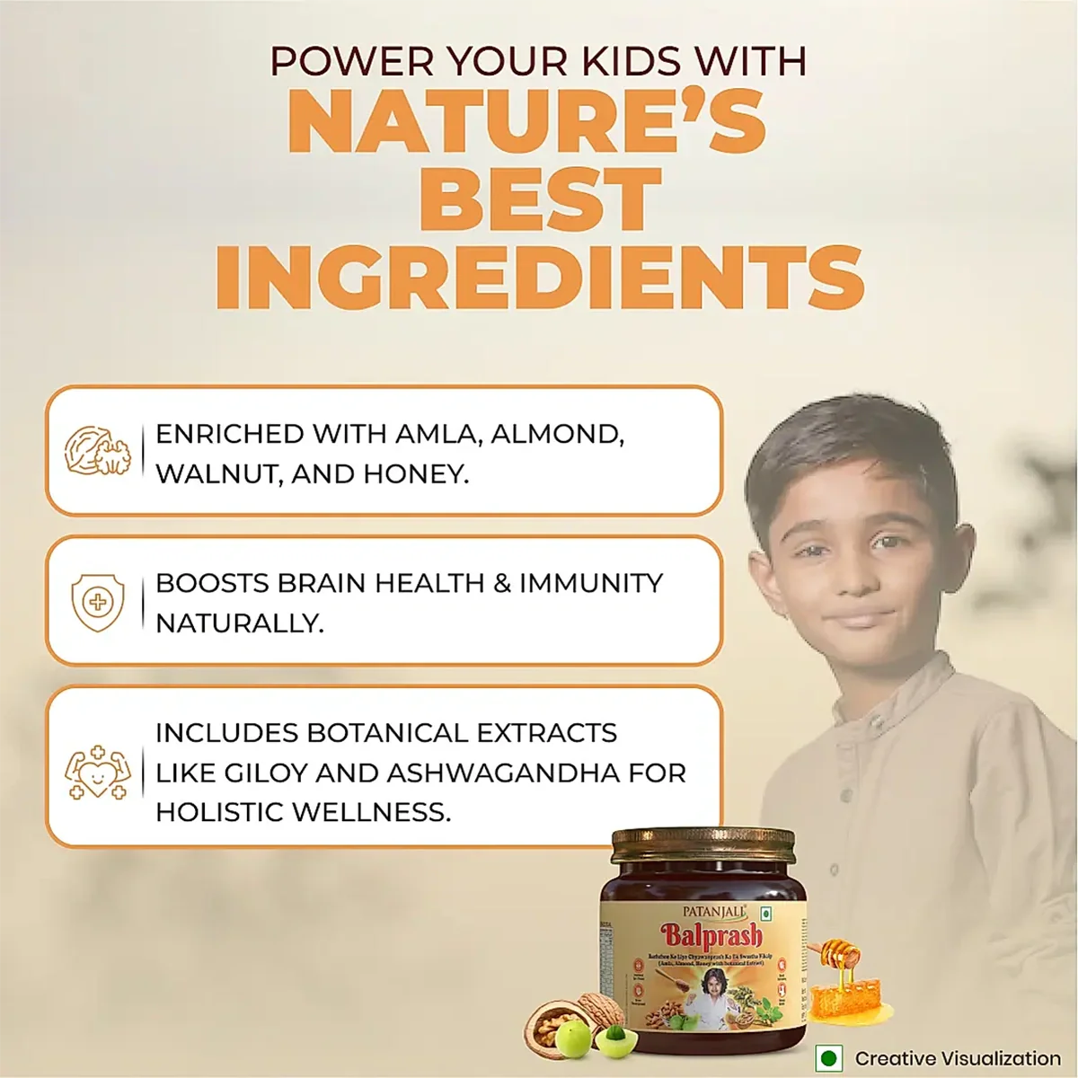 Patanjali Balprash Ayurvedic supplement in a glass jar with a green lid, showing the product label and herbal ingredients.