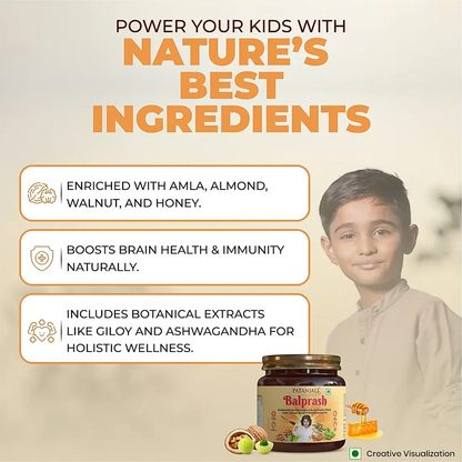 Patanjali Balprash Ayurvedic supplement in a glass jar with a green lid, showing the product label and herbal ingredients.