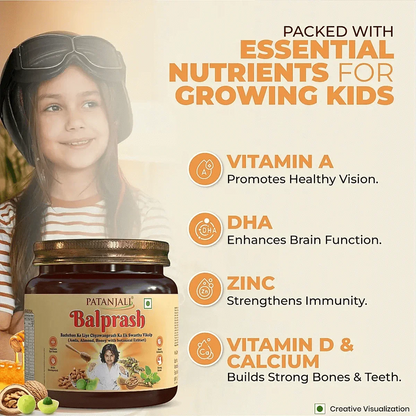 Patanjali Balprash Ayurvedic tonic in a glass bottle, with traditional herbal ingredients and colorful packaging.