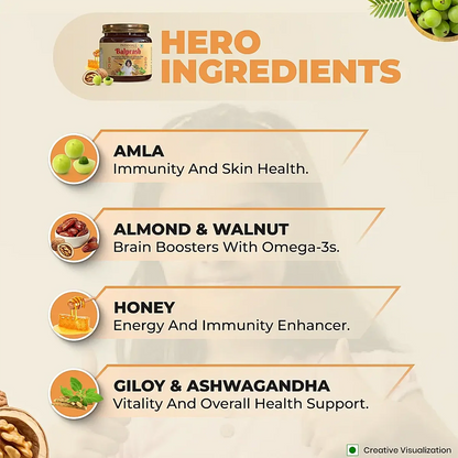 Patanjali Balprash Ayurvedic herbal syrup in a glass bottle with a dropper for immune and throat health.