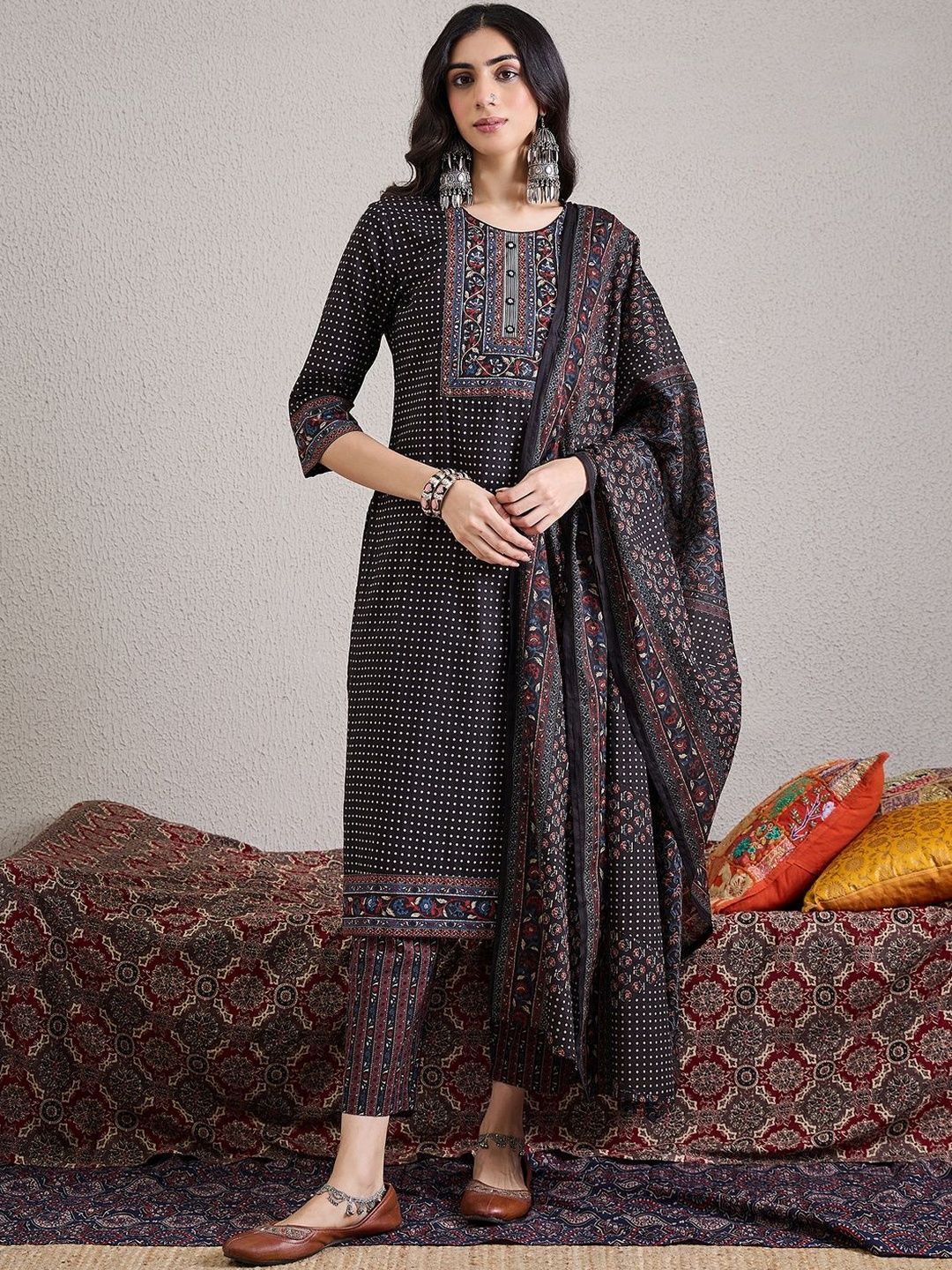 Women Ethnic Motifs Printed Regular Pure Cotton Kurta with Trousers & With Dupatta