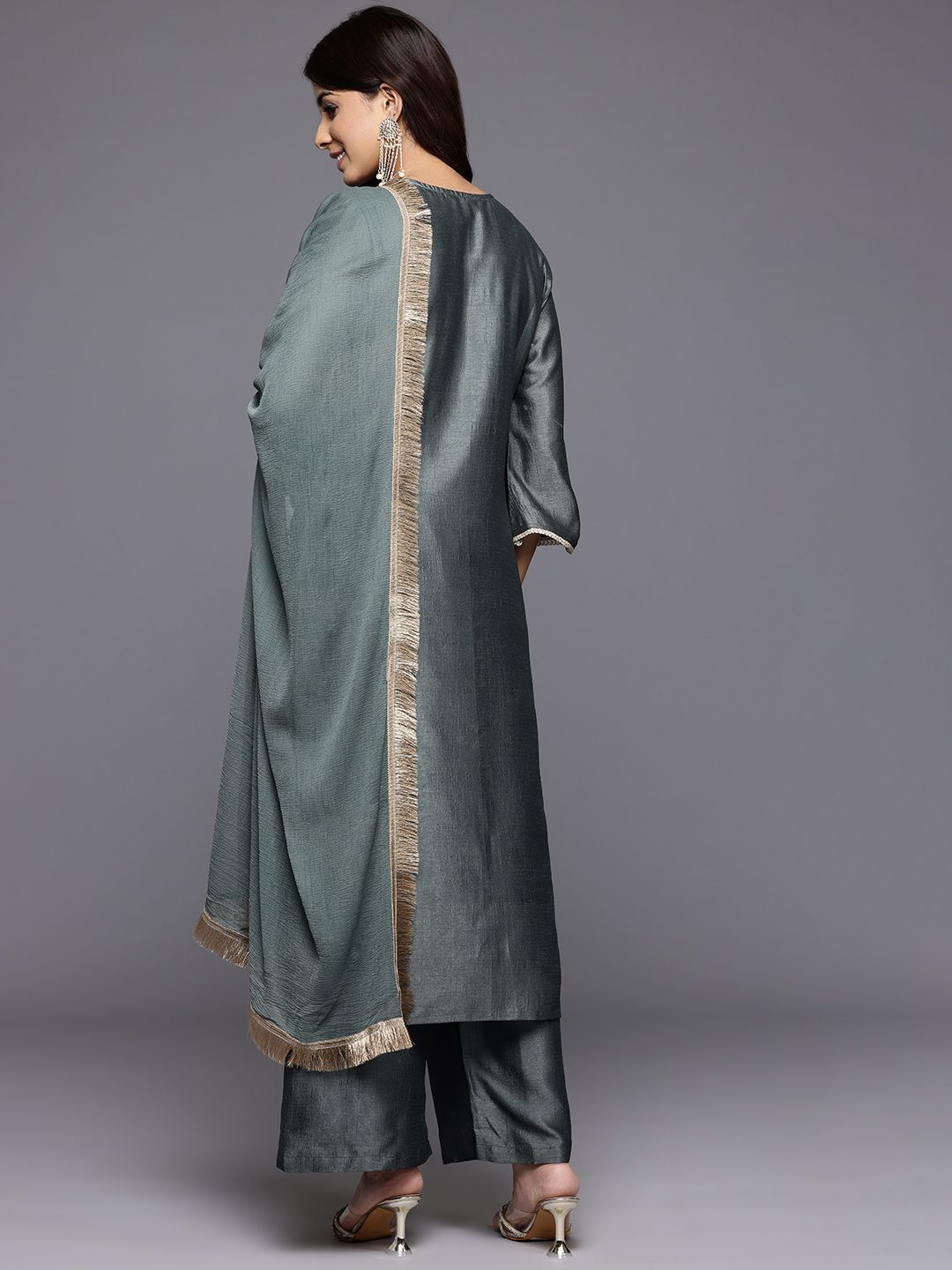 Indyancart VA Ethnic Motifs Embroidered Zari Kurta With Palazzos & Dupatta