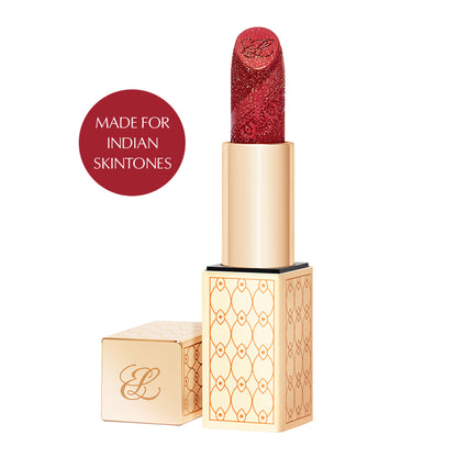 Estee Lauder Scarlet Kiss lipstick from The Wedding Party collection, showing a vibrant red lipstick in a sleek bullet.