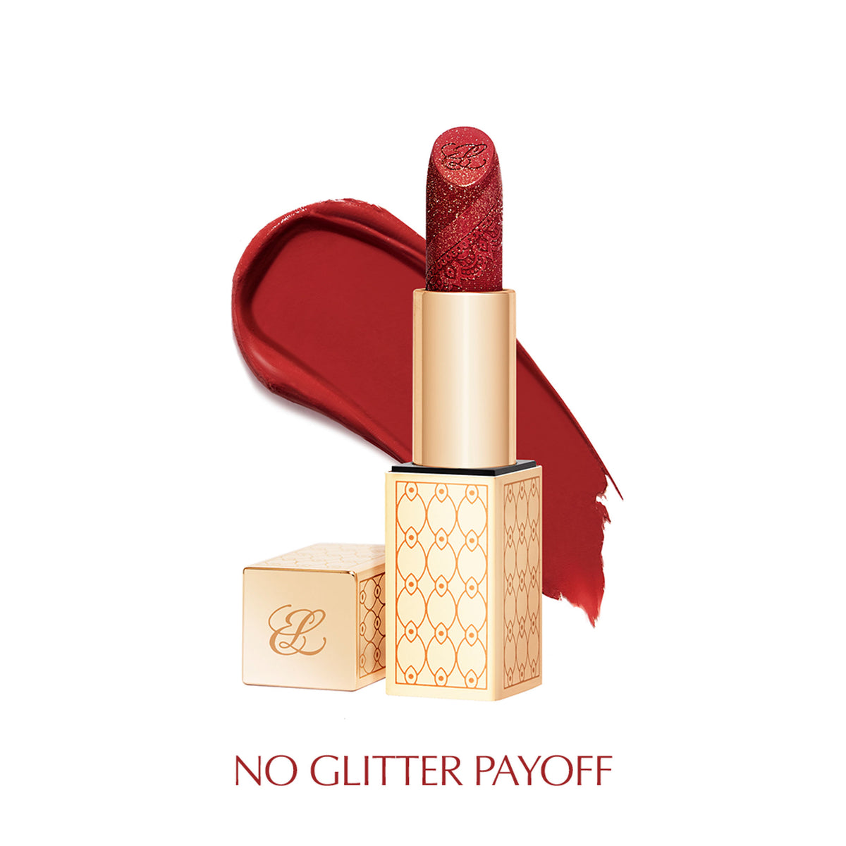 Estee Lauder The Wedding Party Scarlet Kiss lipstick in a sleek tube, with the vibrant red shade visible in the image.