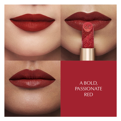 Estee Lauder The Wedding Party Scarlet Kiss lipstick in elegant packaging with a vibrant red shade.