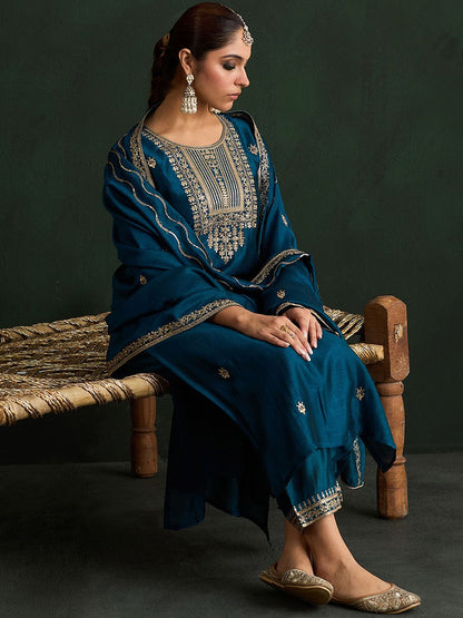 Indyancart IE Women Ethnic Motifs Embroidered Regular Kurta with Trousers & With Dupatta