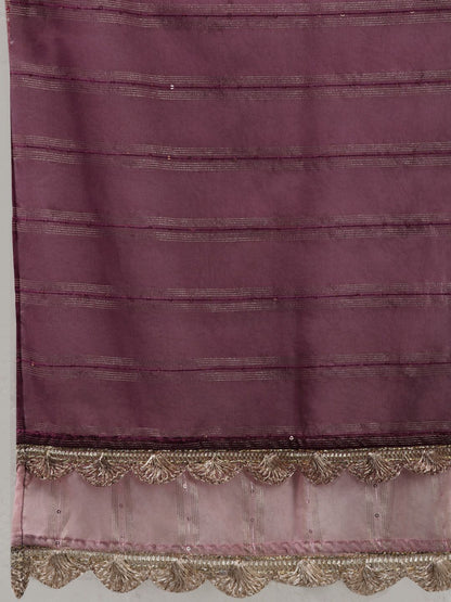 Dhiyona IE Women Burgundy Yoke Design Sequinned Liva Kurta with Trousers & With Dupatta