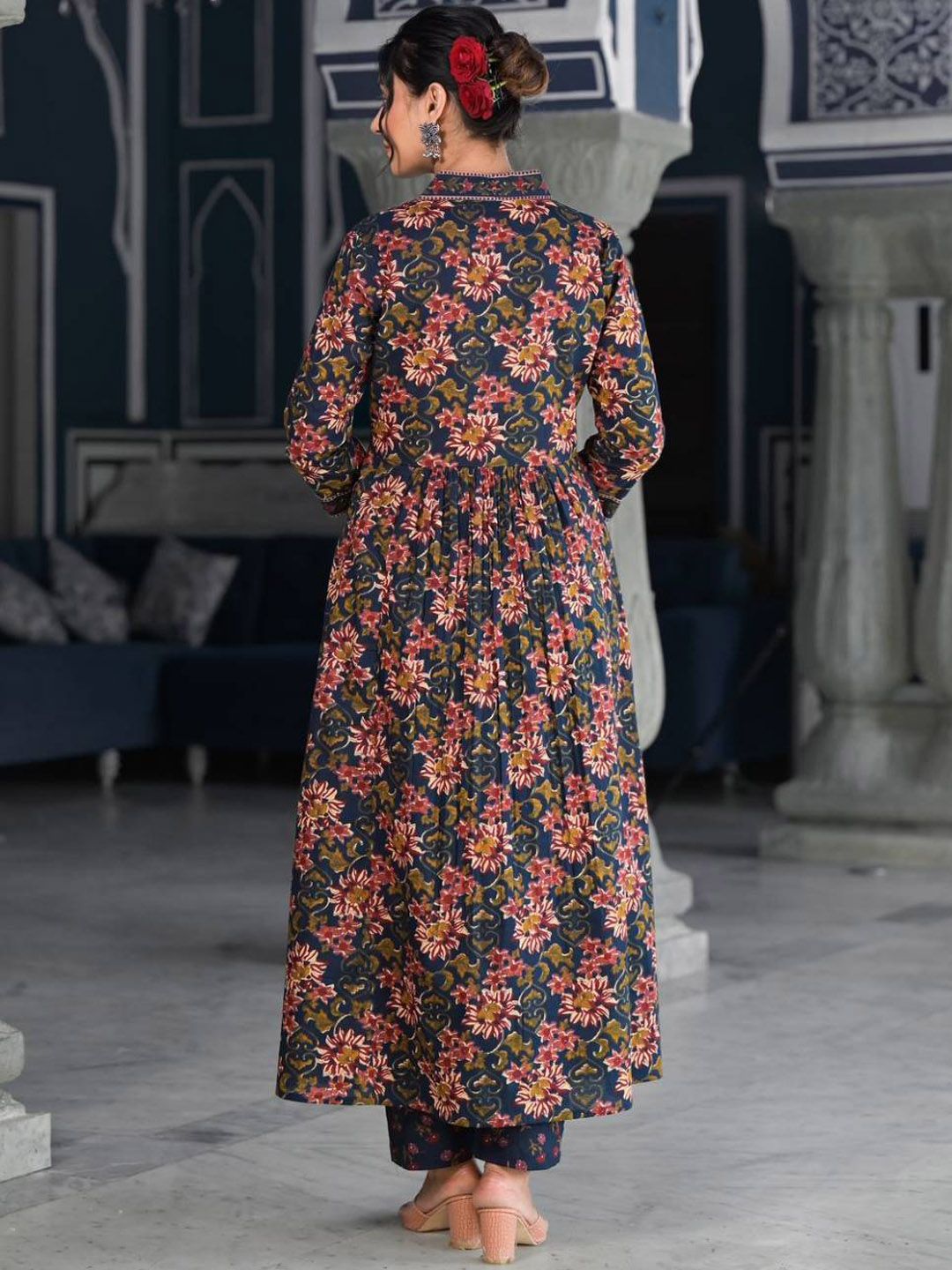Indyancart VA Women'sFloral Printed & Sequinned Pure Cotton Anarkali Kurta With Trouser & Dupatta