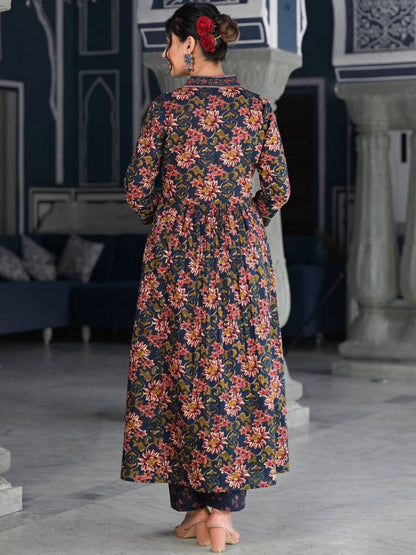 Indyancart VA Women'sFloral Printed & Sequinned Pure Cotton Anarkali Kurta With Trouser & Dupatta