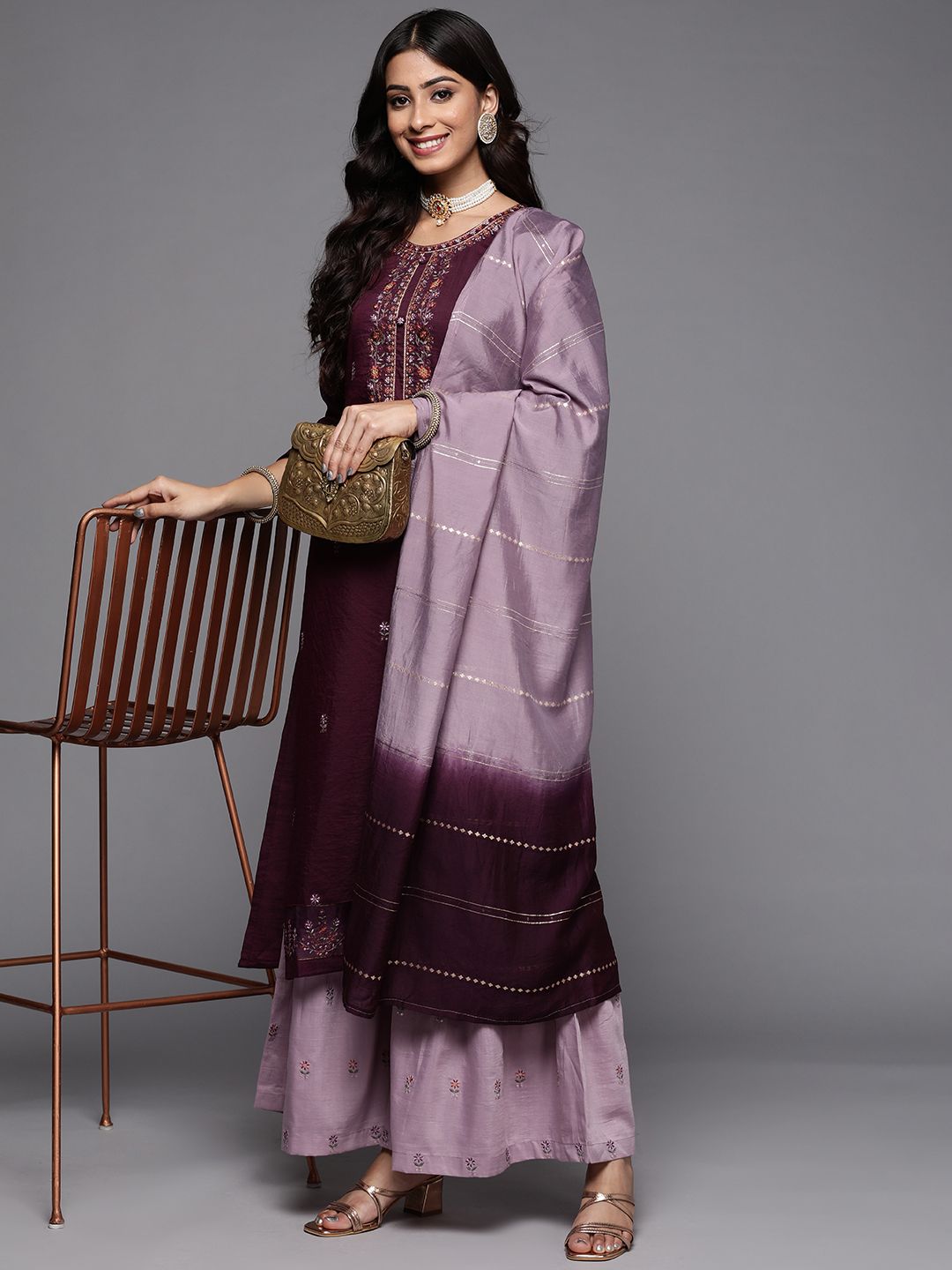 Indyancart VA Floral Embroidered Thread & Sequin Work Straight Kurta with Sharara & Dupatta