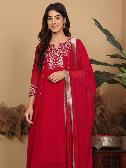 Indyancart VA Women'sMagenta Floral Embroidered Panelled Silk Georgette Kurta With Trouser With Dupatta