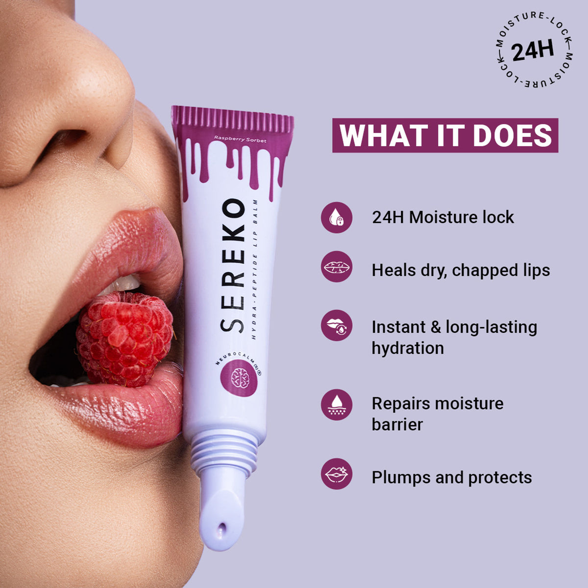 Sereko Hydra - Peptide Lip Balm, Clear, Enriched With Ceramides Barrier Repair Salted Caramel - Raspberry Sorbet