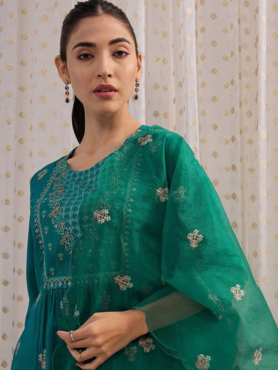 Indyancart IE Ethnic Motifs Embroidered Round Neck Straight Kurta with Trousers & Dupatta