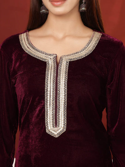 Indyancart VA Women'sEmbroidered Zari Velvet Straight Kurta With Sharara