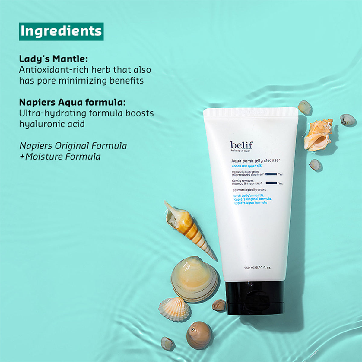belif Aqua Bomb Jelly Cleanser - Hydrating Vegan Korean Gentle Face Wash & & Makeup Remover
