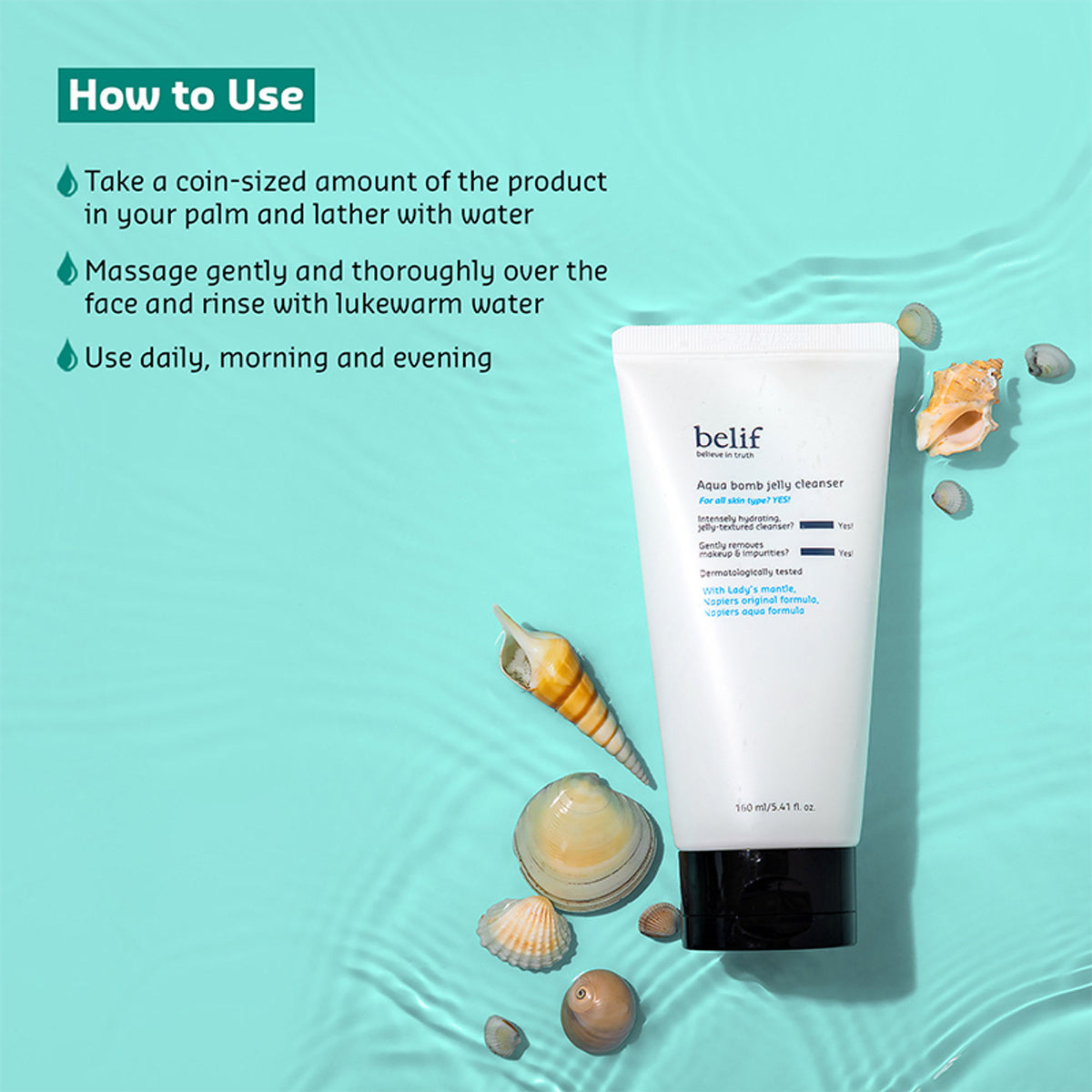 belif Aqua Bomb Jelly Cleanser - Hydrating Vegan Korean Gentle Face Wash & & Makeup Remover