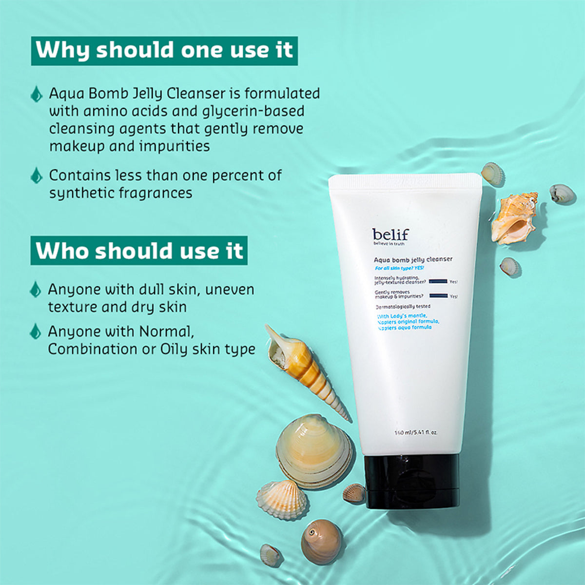 belif Aqua Bomb Jelly Cleanser - Hydrating Vegan Korean Gentle Face Wash & & Makeup Remover