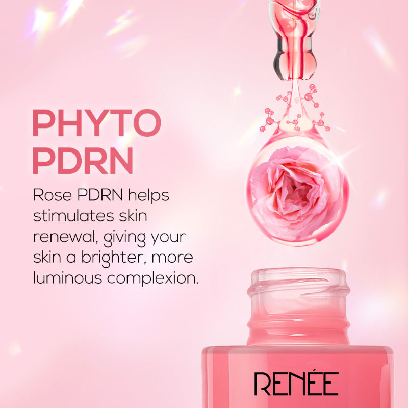 Renee Pink Therapy PDRN pink peptide serum for radiant, hydrating skin with hyaluronic acid, shown in a clear glass bottle.