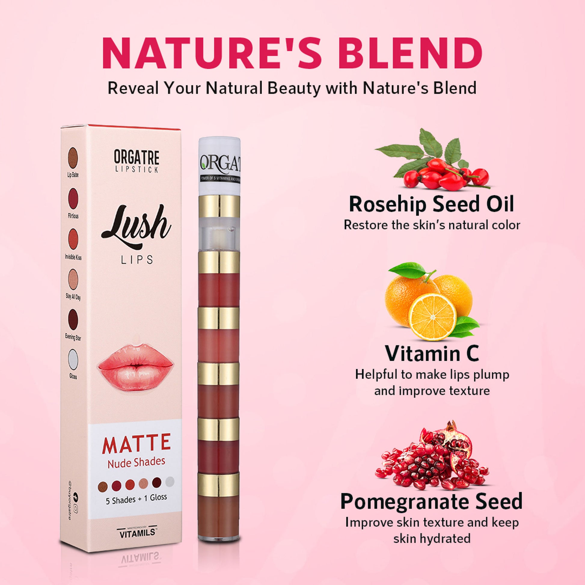 Orgatre Lush Lips 5-in-1 Matte Classic Lipstick with Gloss - Waterproof, Smudge-Proof, Long-Lasting - Nude