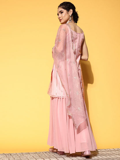 Indyancart VA Women's Peach-Coloured Striped Kurta with Sharara & Dupatta
