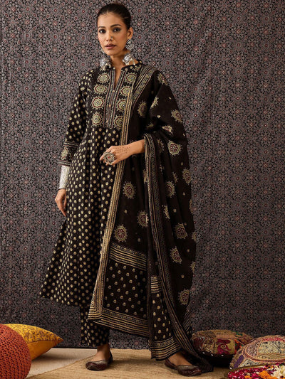 Indyancart IE Women Ethnic Motifs Embroidered Panelled Thread Work Pure Cotton Kurta with Trousers & With Dupatta