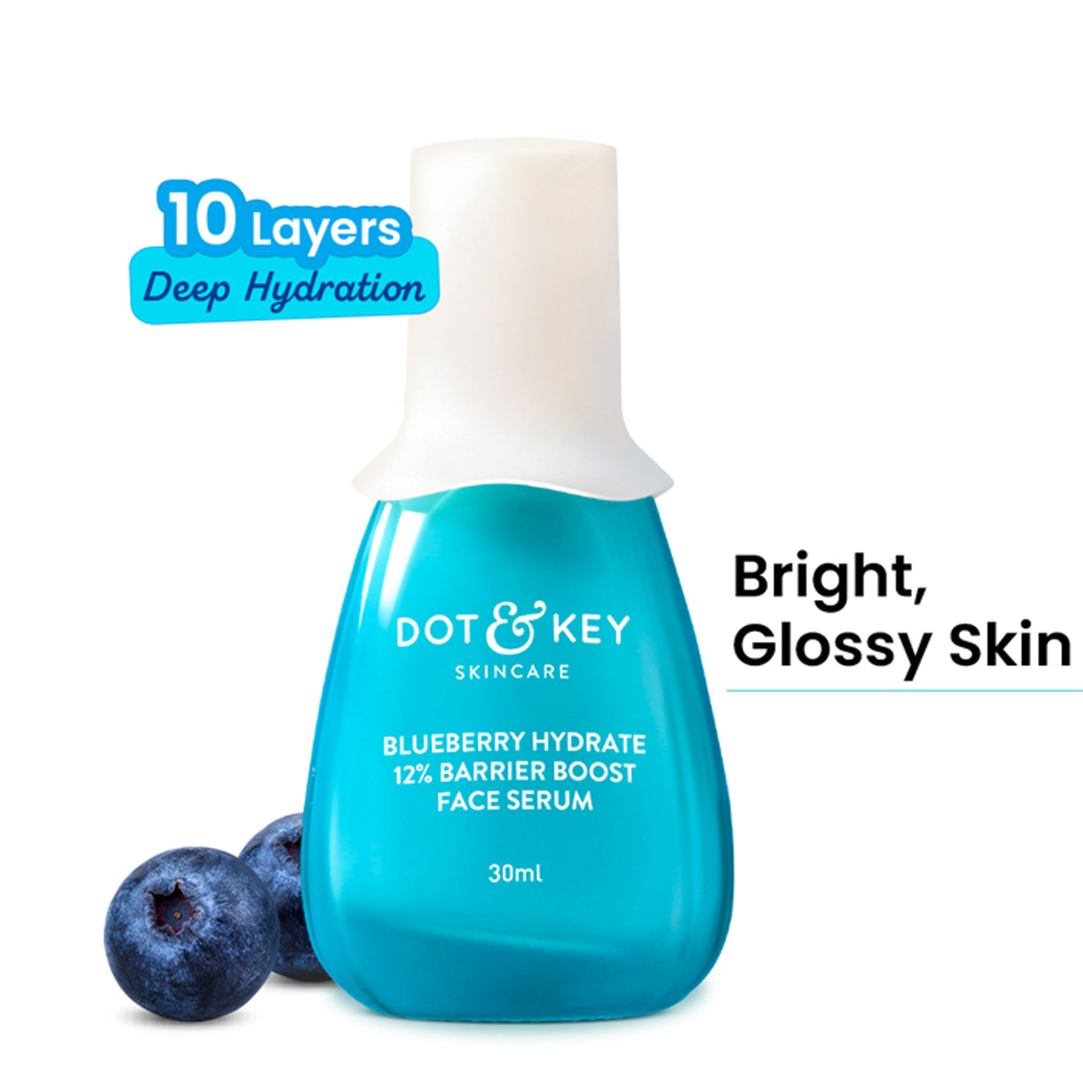 Dot & Key Blueberry Hydrate serum with 7 ceramides for dry, damaged skin, featuring a blue bottle and dropper applicator.