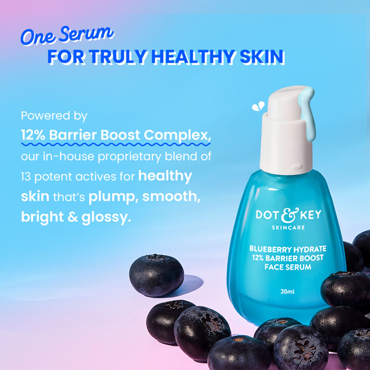 Dot & Key Blueberry Hydrate Serum with 7 ceramides, showing the bottle and fresh blueberries for dry, damaged skin repair.