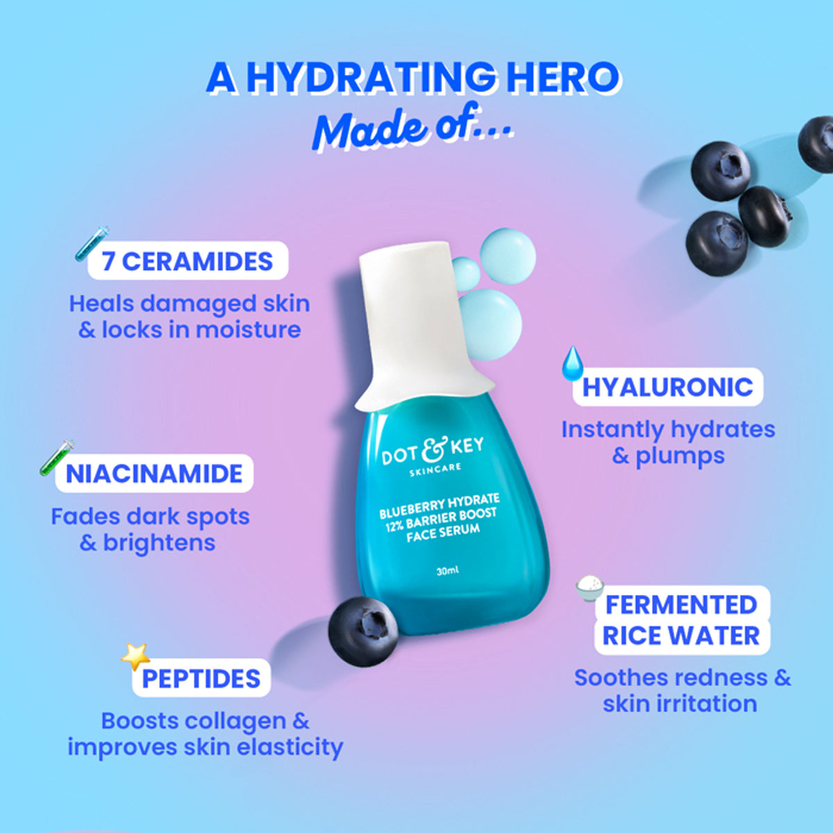 Dot & Key Blueberry Hydrate 12% Barrier Boost Serum with ceramides healing dry, damaged skin in a clear bottle with dropper