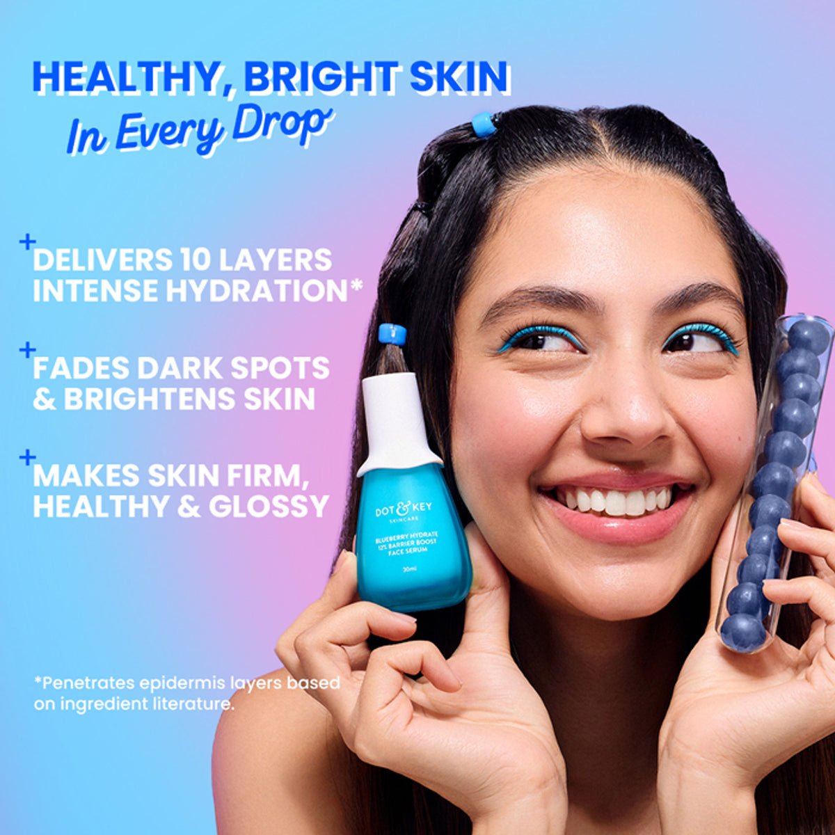 Dot & Key Blueberry Hydrate 12% Barrier Boost Serum with 7 Ceramides heals dry, damaged skin with hydrating blueberry extract.
