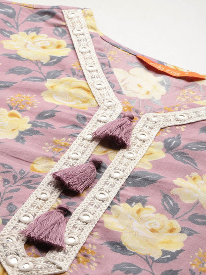 Women Floral Printed Thread Work Pure Cotton Kurta With Trousers & Dupatta