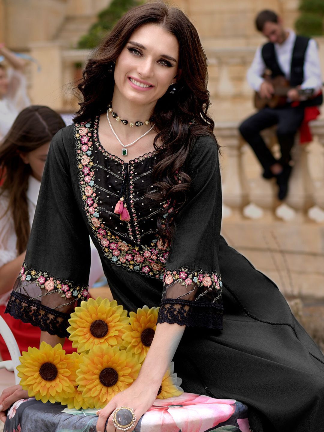 Floral Yoke Design Thread Work A-Line Kurta With Trousers & Dupatta