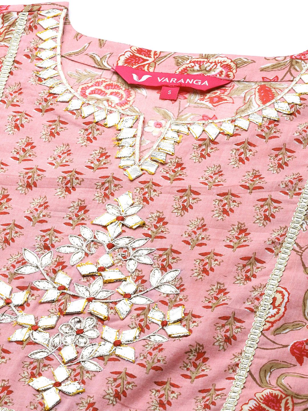 Dhiyona VA Women's Pink Printed Gotta Patti Pure Cotton Kurta with Trousers & Dupatta