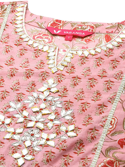 Dhiyona VA Women's Pink Printed Gotta Patti Pure Cotton Kurta with Trousers & Dupatta