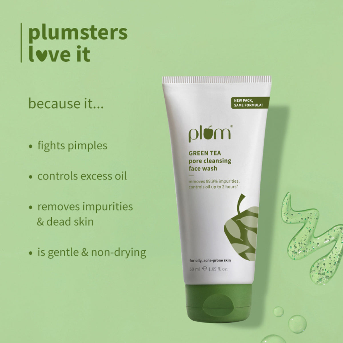 Plum Green Tea Pore Cleansing Gel Face Wash With Glycolic Acid - Fights Pimpels & Control Oil