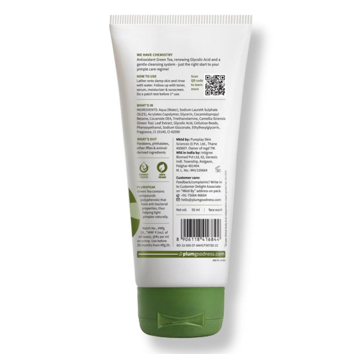 Plum Green Tea Pore Cleansing Gel Face Wash With Glycolic Acid - Fights Pimpels & Control Oil