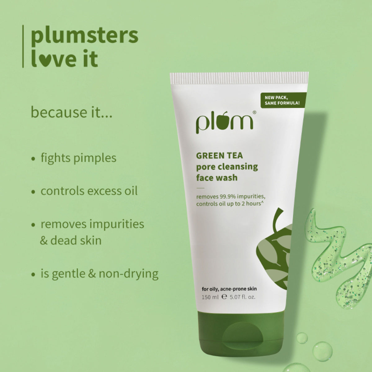 Plum Green Tea Pore Cleansing Gel Face Wash With Glycolic Acid - Fights Pimpels & Control Oil