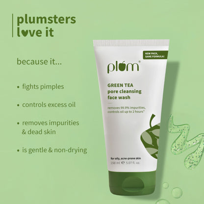 Plum Green Tea Pore Cleansing Gel Face Wash With Glycolic Acid - Fights Pimpels & Control Oil