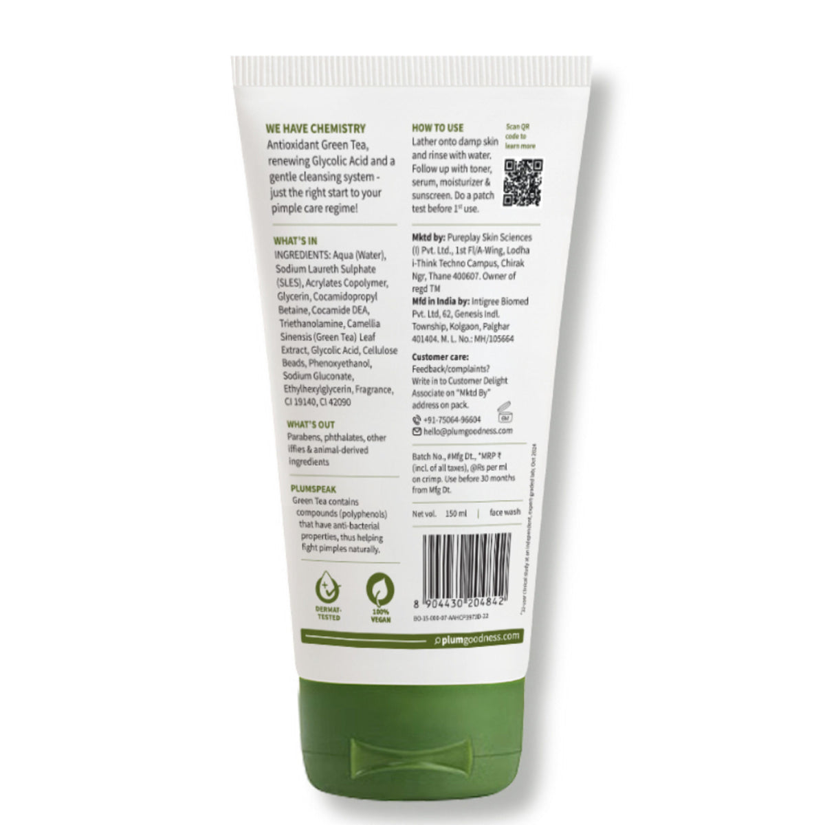 Plum Green Tea Pore Cleansing Gel Face Wash With Glycolic Acid - Fights Pimpels & Control Oil