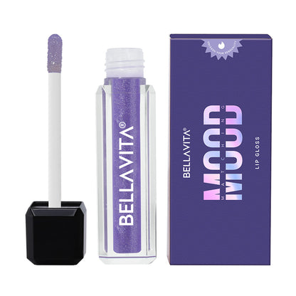 Bella Vita Organic pH Adapting Lip Gloss in Strip Tease shade showing glossy, color-changing lips on a model with natural makeup.