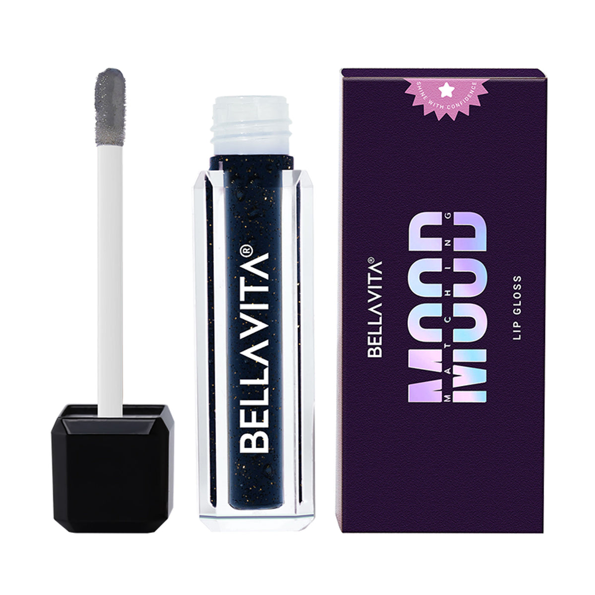Bella Vita Organic Show Stopper pH Adapting Lip Gloss in a clear tube with a doe-foot applicator, showcasing shiny, glossy lips.