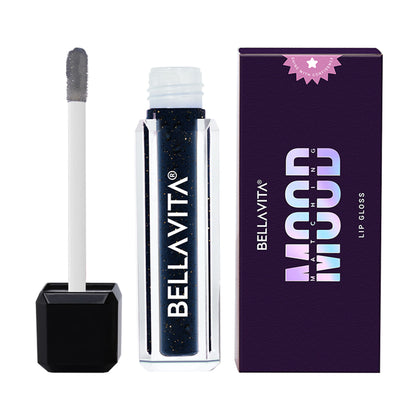 Bella Vita Organic Show Stopper pH Adapting Lip Gloss in a clear tube with a doe-foot applicator, showcasing shiny, glossy lips.