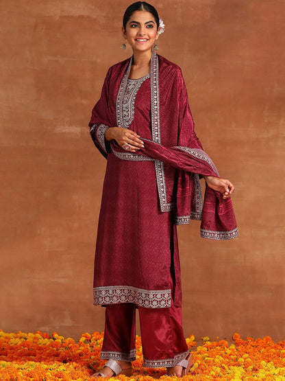 Indyancart IE Ethnic Motifs Printed Sequinned Detail Straight Kurta & Palazzos With Dupatta
