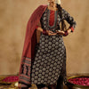 Indyancart IE Black Geometric Printed Round Neck Pure Cotton Straight Kurta Set
