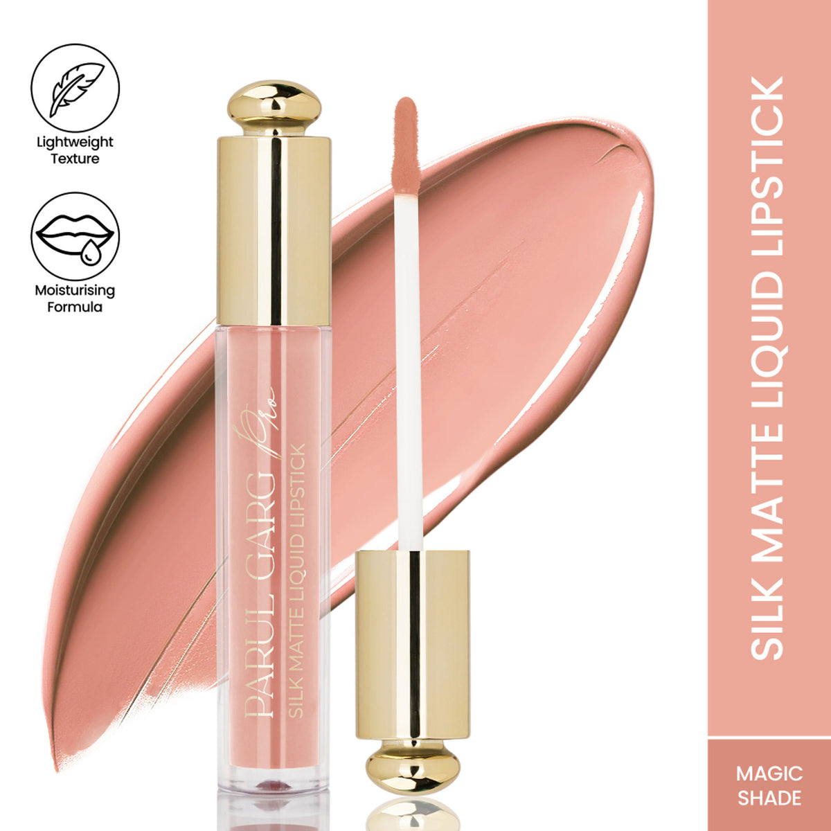 Parul Garg Beauty silk matte liquid lipstick in Magic Shade 06, long-lasting and transfer-proof, with a smooth, velvety finish.