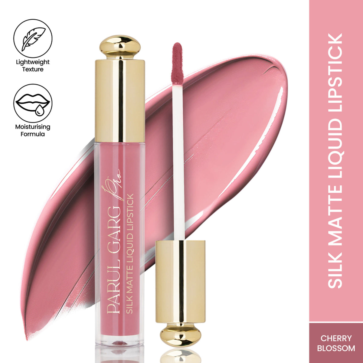Parul Garg Beauty Silk Matte Liquid Lipstick in Cherry Blossom 08, showcasing a long-lasting, transfer-proof lipstick in a soft pink shade.