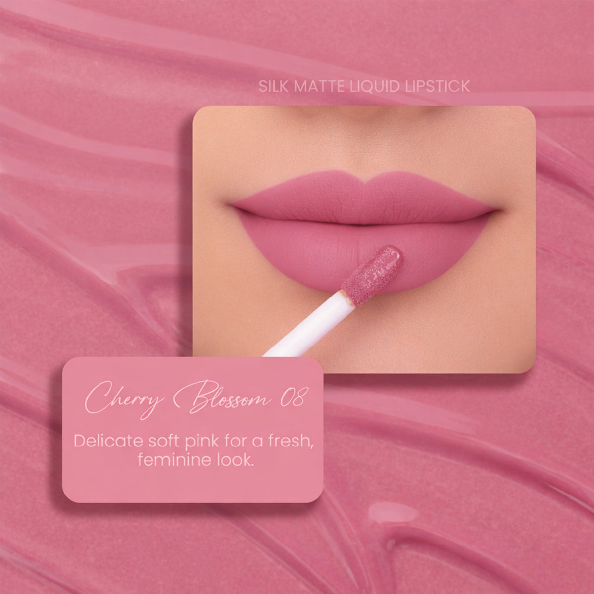 Parul Garg Beauty Silk Matte Liquid Lipstick in Cherry Blossom 08, showcasing the long-lasting, transfer-proof lipstick with a matte finish.
