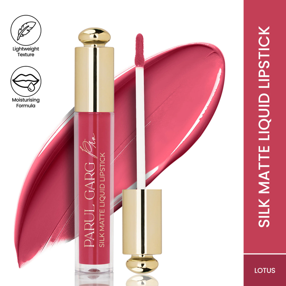 Parul Garg Beauty Silk Matte Liquid Lipstick in Lotus 17, long-lasting transfer-proof formula, showing the lipstick applicator and product.