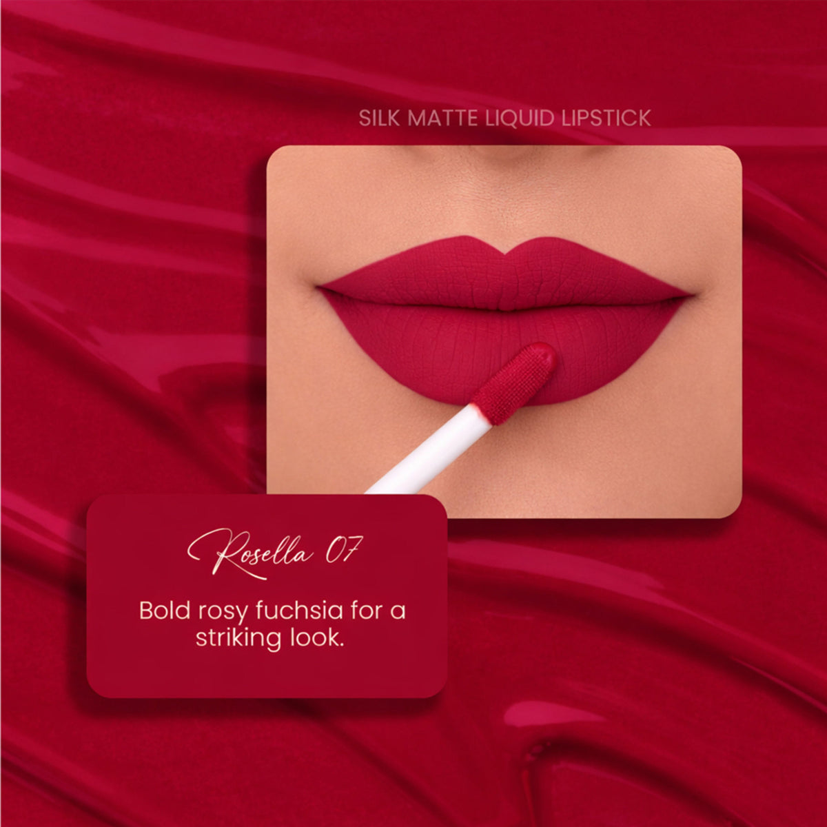 Parul Garg Beauty Silk Matte Liquid Lipstick in Rosella 07 with a smooth, long-lasting, transfer-proof lipstick swatch.